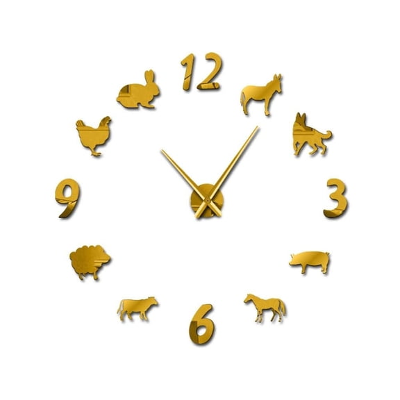 Woodland Animals DIY Large Wall Clock Rabbit Sheep Pig Frameless Giant Wall Watch Forest Farm 3D Mirror Creative Wall Sticker(Gold,27inch)