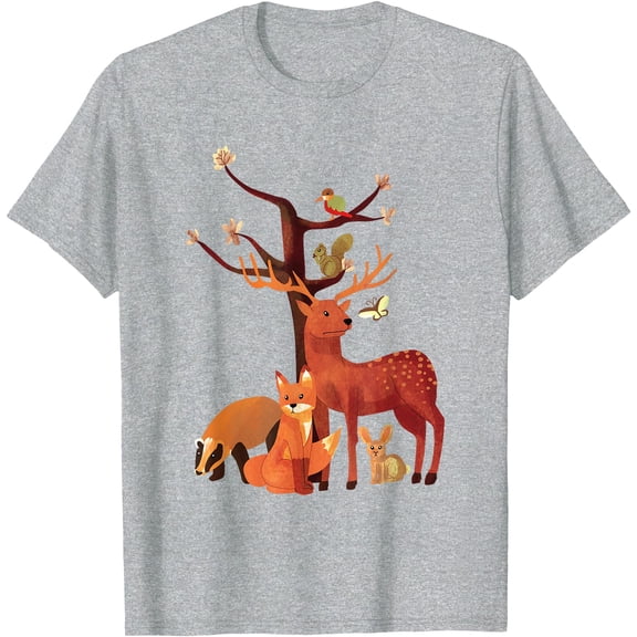 Woodland Animals Deer Fox Rabbit Squirrel Watercolor Vintage Unisex T-Shirt for Men Women Kids,Sport Grey Color,Size 3T