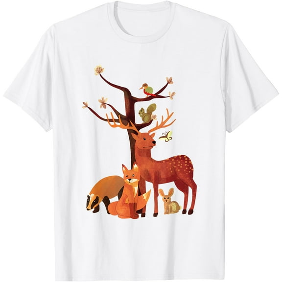 Woodland Animals Deer Fox Rabbit Squirrel Watercolor Vintage Unisex T-Shirt for Men Women Kids,White Color,Size M
