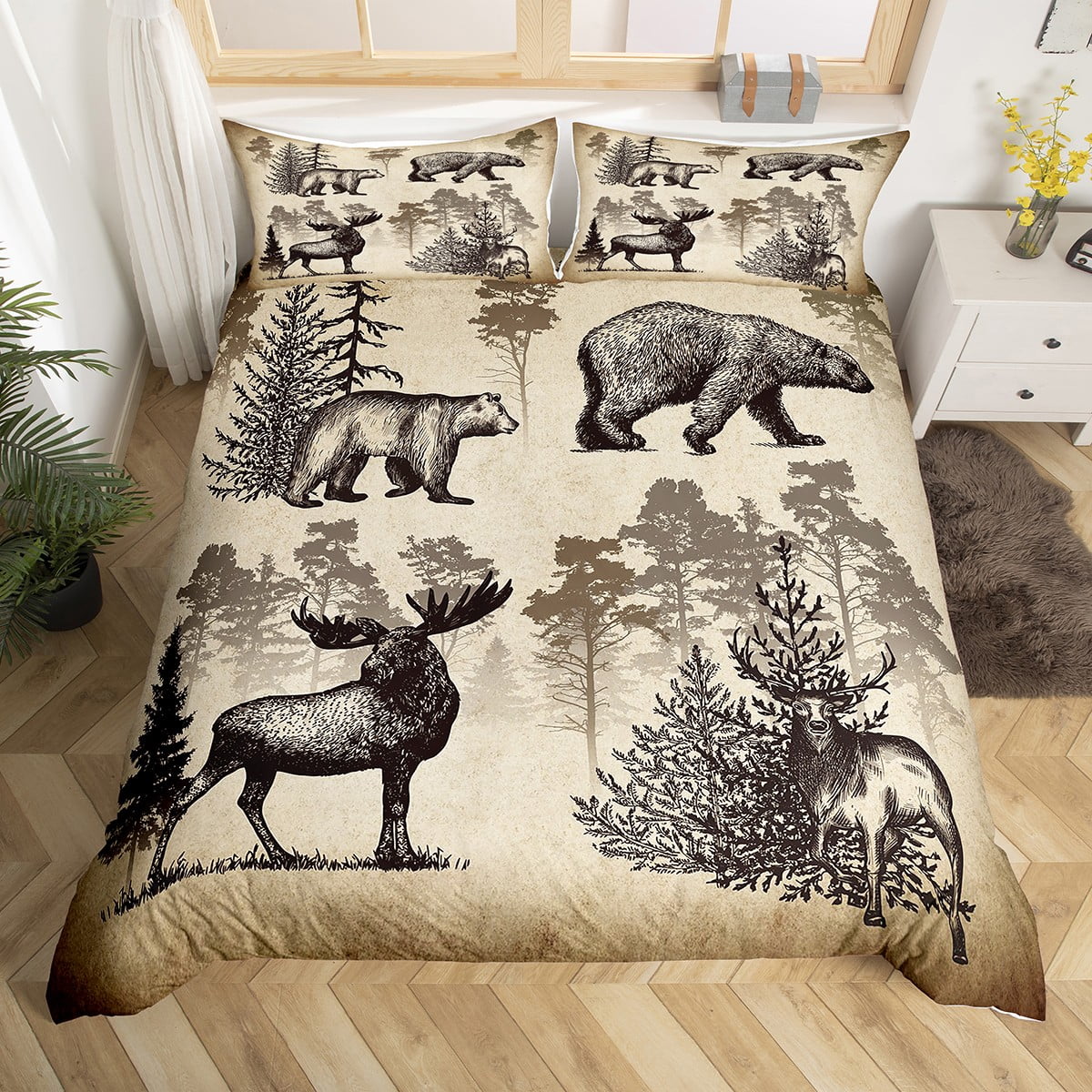 Woodland Animals Duvet Cover Bear Moose Elk Bedding Set Queen,Reindeer