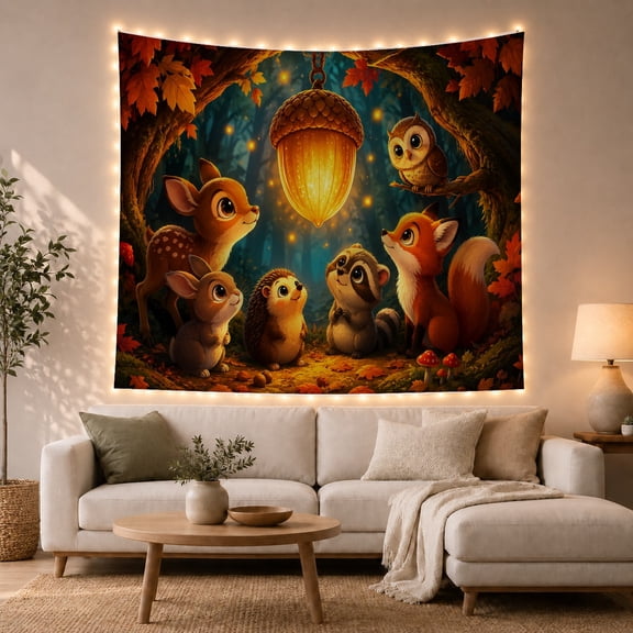 Woodland Animals in Enchanted Forest, Whimsical Fantasy for Nature Lovers, Cartoon Creature Wall Art, Birthday Gift Tapestry Wall Hanging for Bedroom and Living Room
