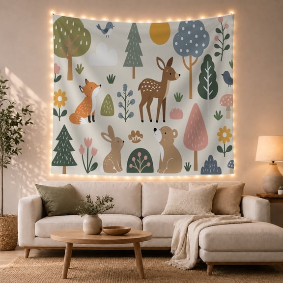 Woodland Animals with Fawn on Gray Background, Playful Illustration for Wildlife Lovers, Nursery Wall Decor, Housewarming Gift, Tapestry Wall Hanging for Nursery and Playroom