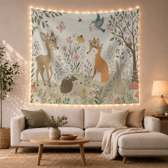 Woodland Animals in Flower Meadow, Peaceful Illustration for Nature Lovers, Nursery Wall Decor, Housewarming Gift, Tapestry Wall Hanging for Nursery and Playroom