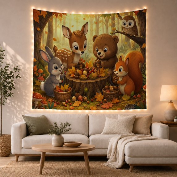 Woodland Animals Gathering Around Stump Table in Autumn Forest, Whimsical Illustration for Kids, Nature Scene Wall Art, Housewarming Gift Tapestry Wall Hanging for Nursery and Playroom
