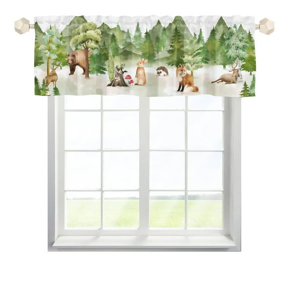 Woodland Animals Green Forest Valances 54''x18'' Bear Deer Fox Hedgehog Rabbit Half Window Curtains Panel Rod Pocket for Nursery Kids Bedroom Kitchen Living Room Bathroom