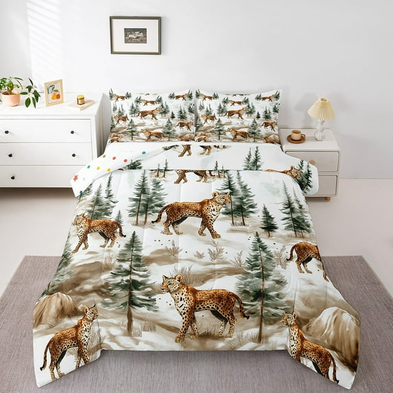 Woodland Animals Comforter Set Bedroom,Leopard Cheetah Print Bedding Set Full Size,Jungle Safari Animals Down Comforter,Rustic Farmhouse Botanical Quilt 3 Pcs