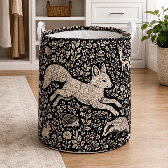 Woodland Animals Laundry Hamper, Quilted Storage Basket, Forest Nursery Decor