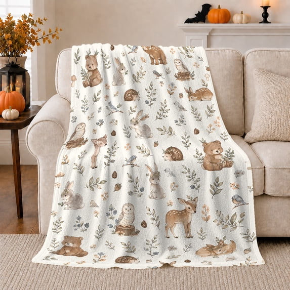 Woodland Animals with Leaves and Mushrooms, Calming Forest Style for Kids, Soft Nature Nursery Pattern and Baby Shower Gift, Cozy Flannel Blanket for Nursery and Bedroom, Home Decor
