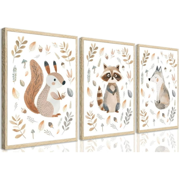 Woodland Animals Nursery Wall Art Watercolor Wild Animals Kids Room Wall Decor Cute Squirrel Raccoon Fox Prints Posters Kids Room Canvas Painting for Boys Room Girls Room Pictures Unframed