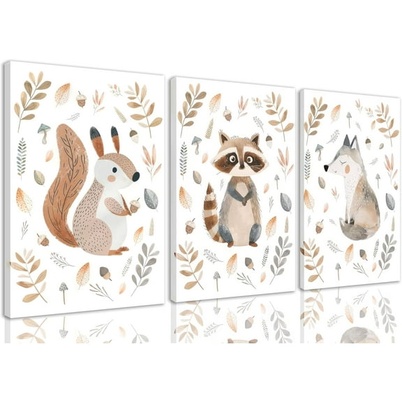 Woodland Animals Nursery Wall Art Watercolor Wild Animals Kids Room Wall Decor Cute Squirrel Raccoon Fox Prints Posters Kids Room Canvas Painting for Boys Room Girls Room Pictures Unframed