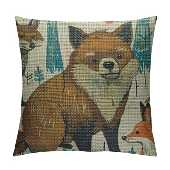 Woodland Animals Pillow Cases Cute Tribal Cartoon Fox Bear Rabbit Squirrel Mushroom Throw Pillow Cover Indoor Square Cushion Cover for Office Sofa Couch