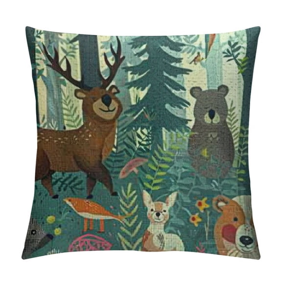 Woodland Animals Pillow Cases Cute Tribal Cartoon Fox Bear Rabbit Squirrel Mushroom Throw Pillow Cover Indoor Square Cushion Cover for Office Sofa Couch