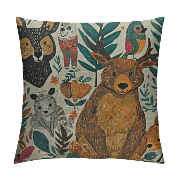 Woodland Animals Pillow Cases Cute Tribal Cartoon Fox Bear Rabbit Squirrel Mushroom Throw Pillow Cover Square Cushion Cover for Office Sofa Couch