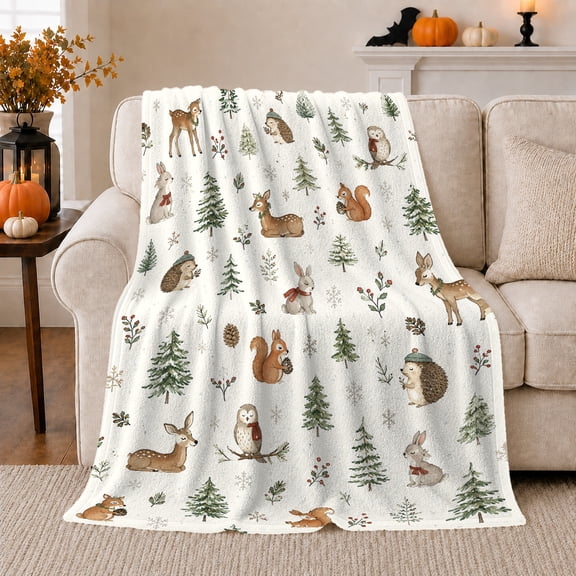 Woodland Animals with Pine Trees, Serene Forest Style for Kids, Neutral Nursery Creature Pattern and Baby Shower Gift, Cozy Flannel Blanket for Nursery and Bedroom, Home Decor