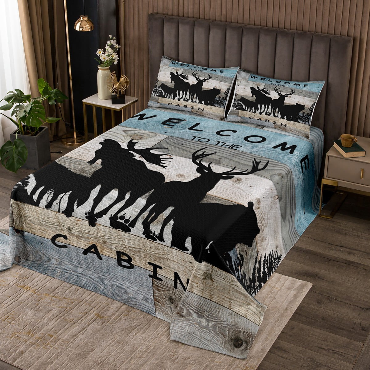 Woodland Animals Quilt Set Queen Lodge Cabin Bedspread Set,Pine Trees ...