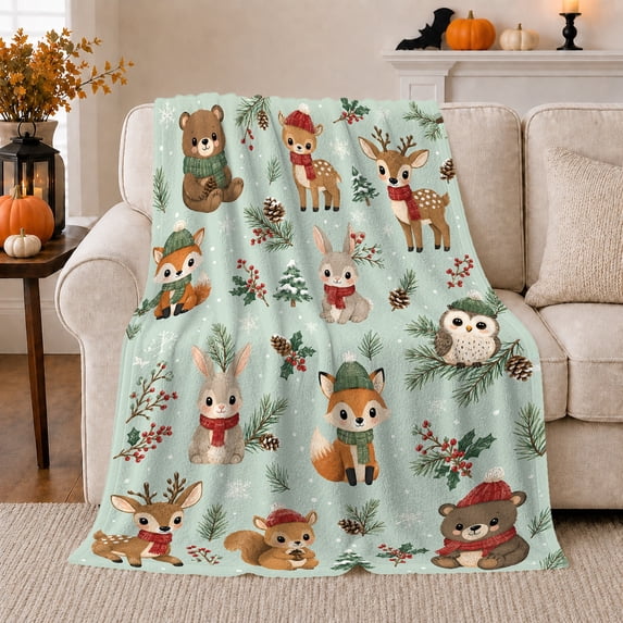 Woodland Animals in Scarves on Mint, Festive Cottagecore Style for Wildlife Lovers, Winter Forest Friends Pattern and Christmas Gift, Cozy Flannel Blanket for Playroom and Family Room, Home Decor