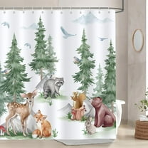 Woodland Animals Shower Curtain Forest Pine Tree Bear Deer Fox Kids Decorative Bath Curtain 72 x 72 Inch Polyester Fabric Waterproof Bathroom Curtain with 12 Hooks
