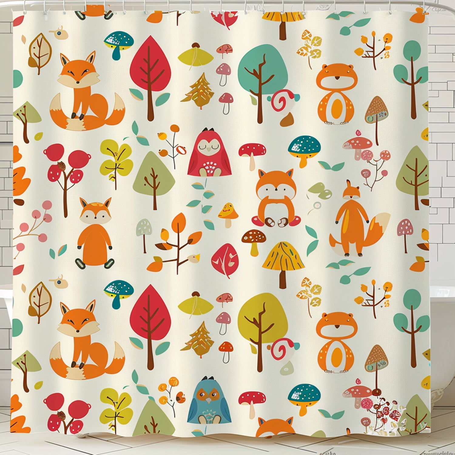 Woodland Animals Shower Curtain Foxes Squirrels Owls Trees Mushrooms