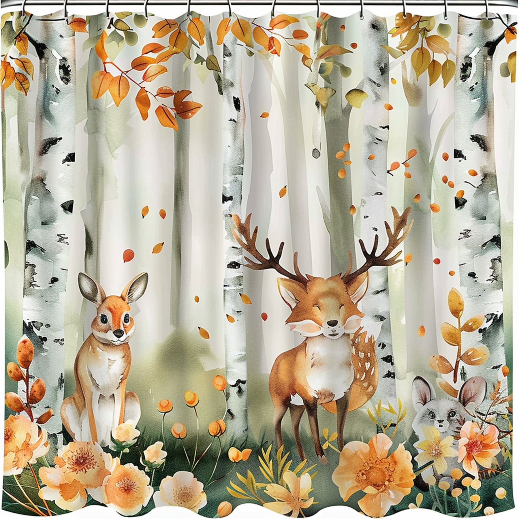 Woodland Animals Shower Curtain Whimsical Deer Fox and Rabbit Design