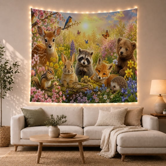 Woodland Animals in Sunny Meadow with Flowers, Whimsical Illustration for Nature Lovers, Spring Forest Wall Art Decor, Mother's Day Gift, Tapestry Wall Hanging for Living Room and Bedroom