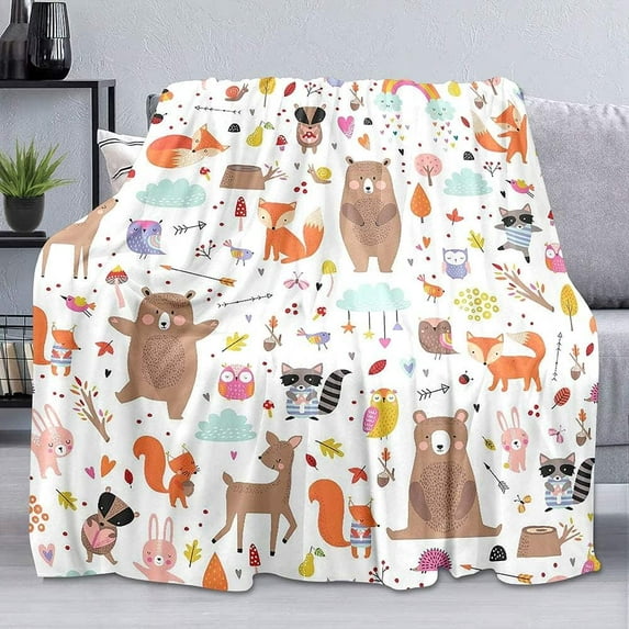 Woodland Animals Throw Blanket, Cartoon Bear Deer Fox Rabbit Raccoon Owl Forest Animals Kids Blanket, Cozy Soft Warm Lightweight Fuzzy Plush Flannel Fleece Blanket for Couch, Sofa, 50"x60"