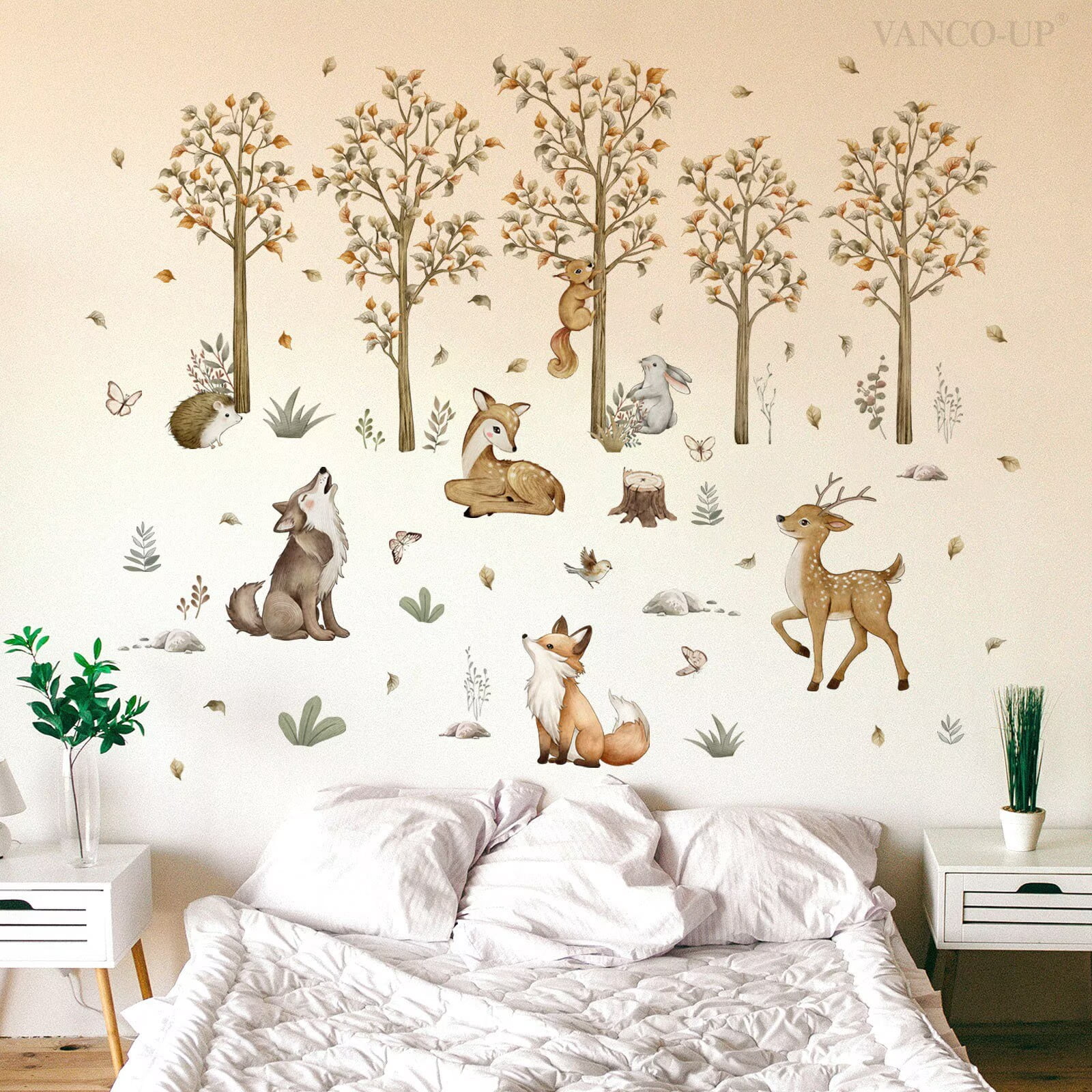 Woodland Animals Tree Branch Wall Decals Forest Animals Bear Deer Fox ...