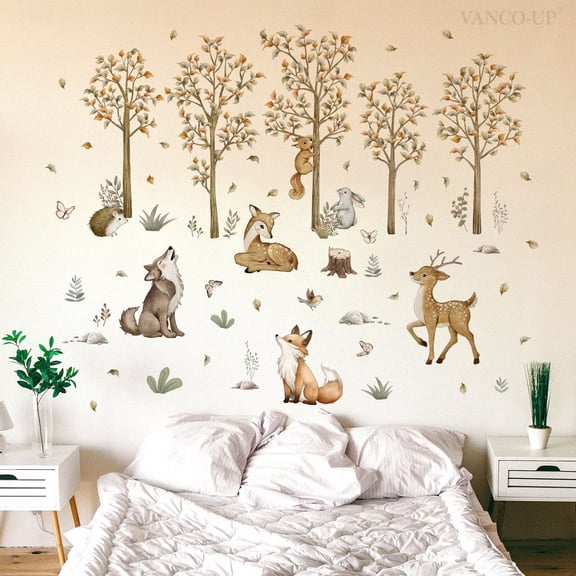 Woodland Animals Tree Branch Wall Decals Forest Animals Bear Deer Fox Wall Stickers Living Room Baby Nursery Kids Room Wall Decor