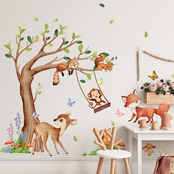 Woodland Animals Wall Sticker Large Tree with Fox Deer Monkey Squirrel Butterfly Decals for Kids Room Nursery Bedroom Living Room