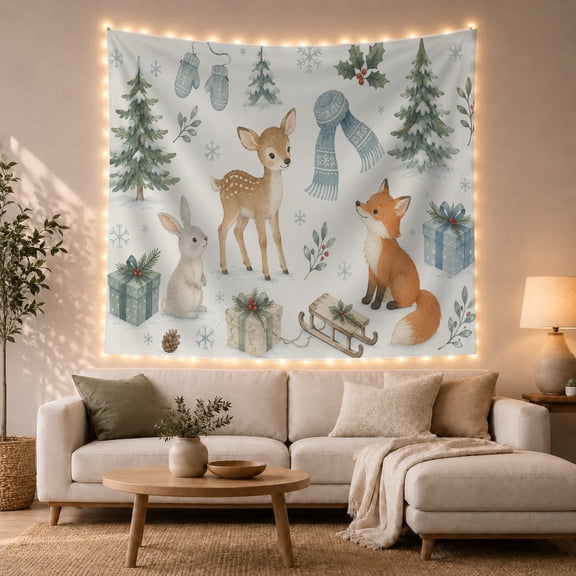 Woodland Animals In Winter Forest Cozy Watercolor Art for Animal Lovers Woodland Wall Art Christmas Gift Tapestry Wall Hanging for Nursery, Playroom and Bedroom