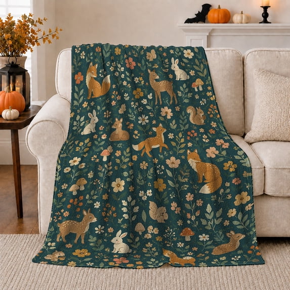 Woodland Animals among Flowers and Mushrooms, Playful Cottagecore Style for Kids, Forest Friends Pattern and Birthday Gift, Cozy Flannel Blanket for Nursery and Playroom, Home Decor