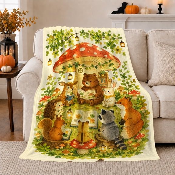 Woodland Animals around Mushroom Table, Whimsical Forest Style for Animal Lovers, Red Toadstool Tea Party and Birthday Gift, Soft Flannel Blanket for Playroom and Nursery, Cottage Home Decor