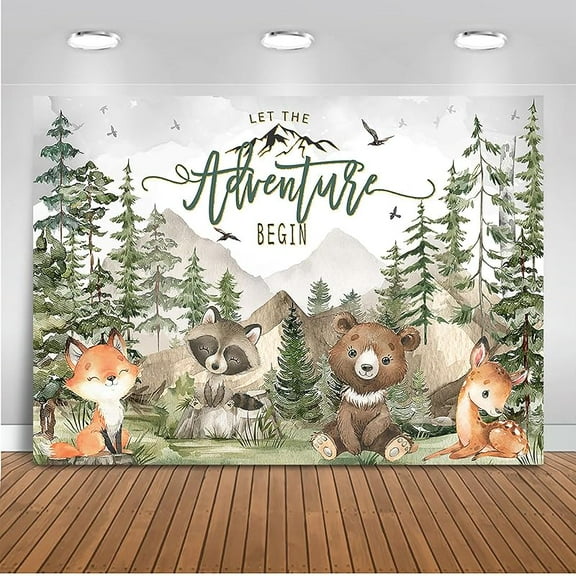 Woodland Baby Shower Backdrop 8x4ft Let The Adventure Begin Animals Forest Mountain Wilderness Background Adventure Awaits Baby Shower Party Photography Props