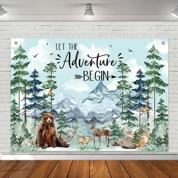 Woodland Baby Shower Backdrop Woodland Animals Baby Shower Decorations Adventure Forest Mountain Wilderness Photography Background Let The Adventure Begin Banner (Blue)