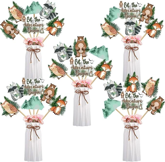 Woodland Baby Shower Decorations Boy Girl, 24pcs Let The Adventure Begin Centerpiece Table Decoration, Double-Sided Forest Animals Centerpieces Stick for Adventure Awaits Party Decorations