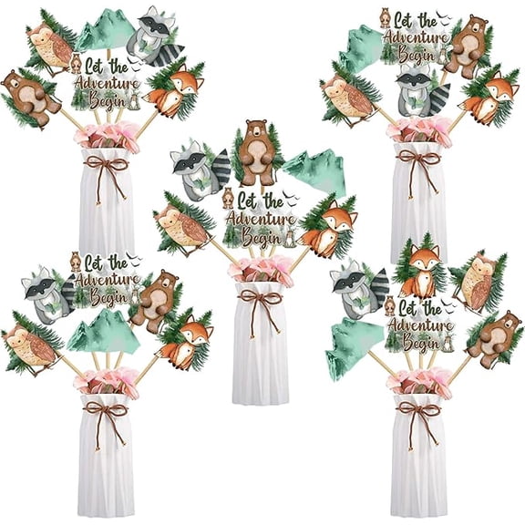 Woodland Baby Shower Decorations Boy Girl, 24pcs Let The Adventure Begin Centerpiece Table Decoration, Double-Sided Forest Animals Centerpieces Stick for Adventure Awaits Party Decorations