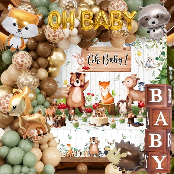 Woodland Baby Shower Decorations Neutral - Forest Animals Party Supplies Include Balloon Garland Arch, Oh Baby Backdrop, 4 Wood Grain Boxes, Fox Deer Raccoon Foil Balloons - Sage Green Gold Y101