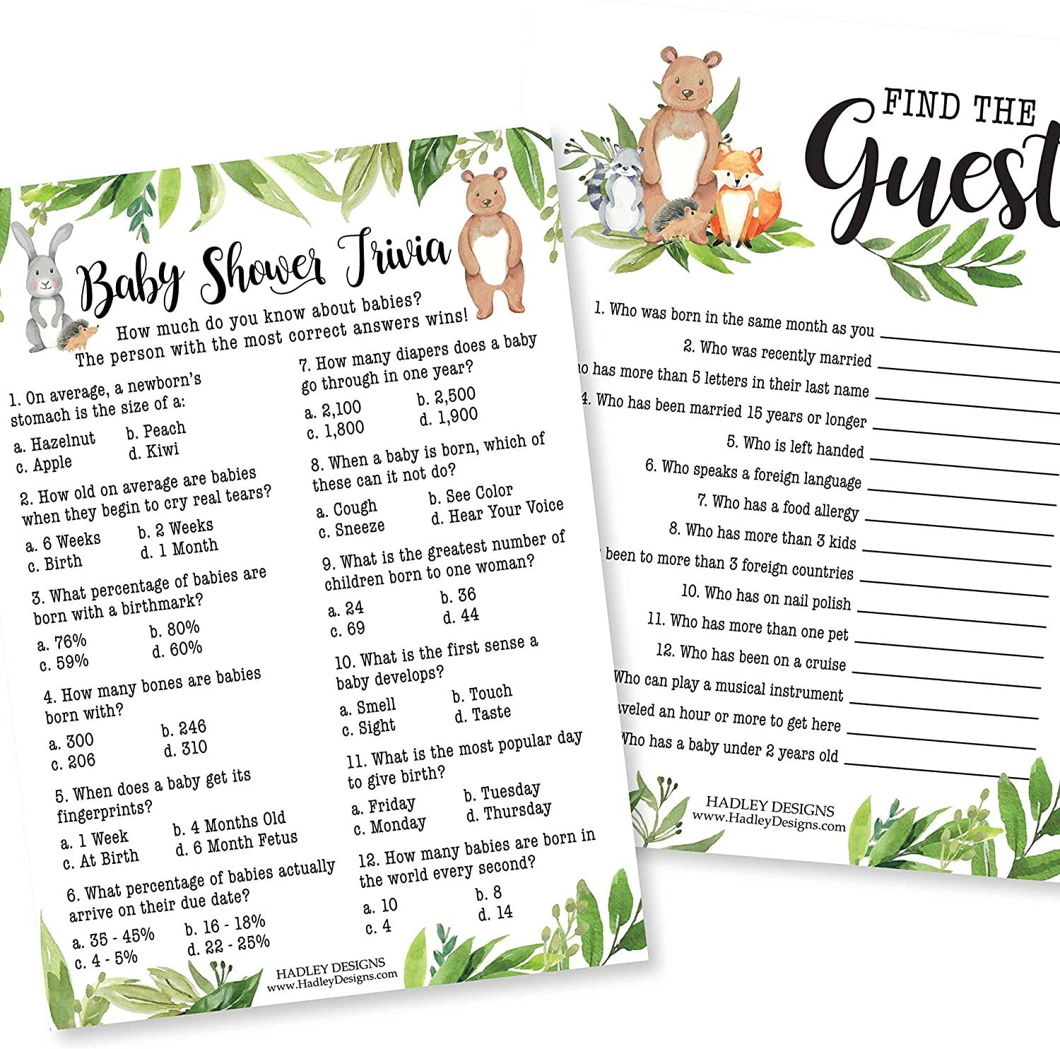 Woodland Baby Shower Games Gender Neutral - 2 Games Double Sided, 25 Baby  Trivia Baby Shower Game, 25 Find The Guest Baby Shower Game, Gender Reveal