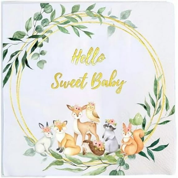 Woodland Baby Shower Napkins, 50 Pack, Gender Neutral Decorations for Girls or Boys, 'Hello Sweet Baby' in Gold Foil with Forest Animals$$Home Decor, Kitchen, & Other