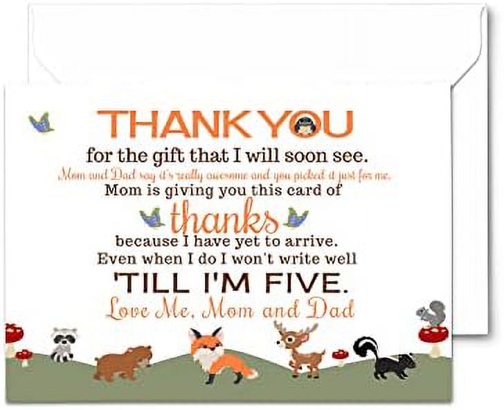 Woodland Baby Shower Thank You Cards (25 Pack) Prefilled Note from Boy