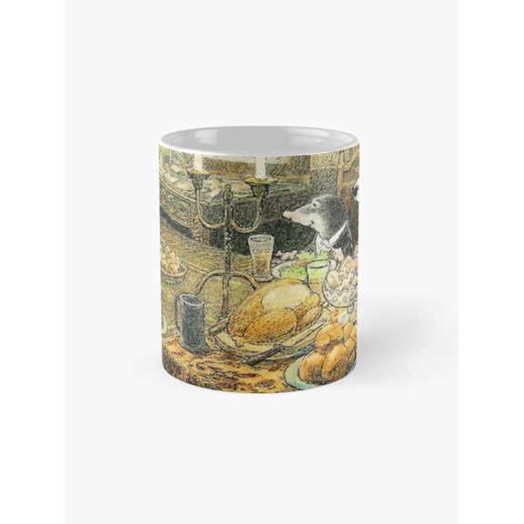 Woodland Badger Feast Coffee Mug, 11oz Ceramic, Storybook Table Scene, Full-Wrap Print