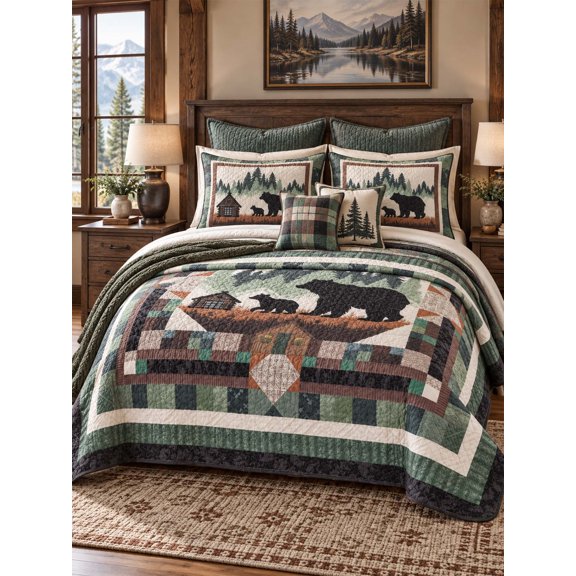 Woodland Bear Family Cabin Patchwork-Style Quilted 3-Piece Bedding Set