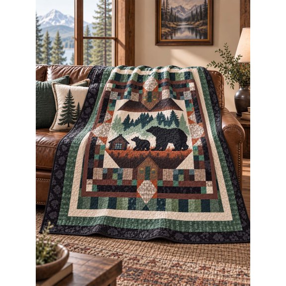 Woodland Bear Family Cabin Patchwork-Style Quilted Blanket