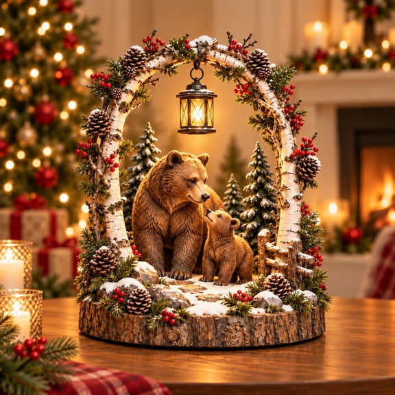 Woodland Bear Family Lantern, Lighted Christmas Forest Tabletop Decor, Rustic Cabin Fireplace Mantle Shelf Holiday Figurines Gift