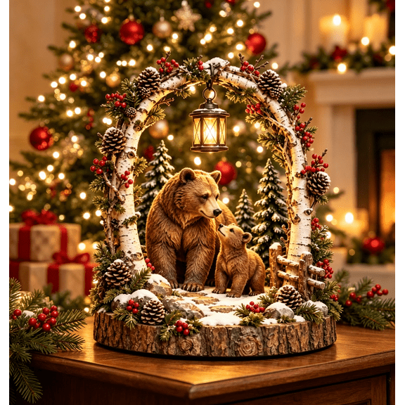 Woodland Bear Family Lantern Lighted Christmas Forest Tabletop Decor with Mother Bear and Cub Figurine