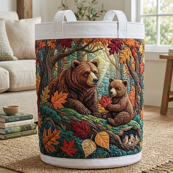 Woodland Bear Family Quilted Laundry Basket: Rustic Bear Foldable Hamper, Animal Lover Gift