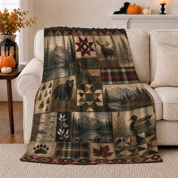 Woodland Bear Moose Duck Patchwork, Peaceful Mountain Lake Scene, Warm Flannel Blanket for Cabin and Lodge, Outdoor Lovers Thanksgiving Gift, Artistic Home Decor