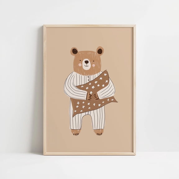 Woodland Bear Nursery Wall Art, Cozy Bedtime Bear Poster, Neutral Room Decor, Playroom Wall Art, Unframed Canvas Size 12x18