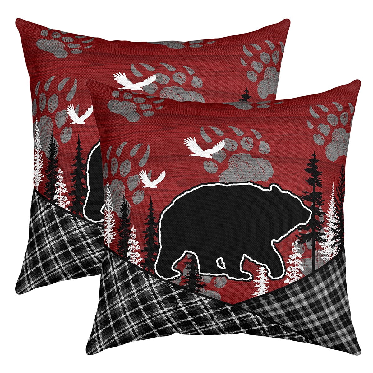 Woodland Bear Pillow Covers,Black White Buffalo Checked Plaid Grid