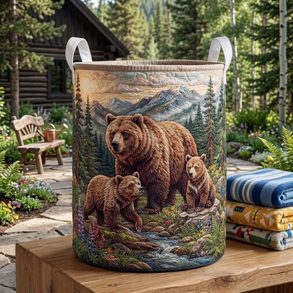 Woodland Bear Quilted Laundry Basket: Rustic Forest Wildlife Storage Bin, Quilt Fabric Hamper