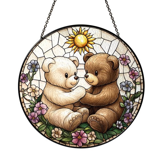 Woodland Bear Scene Stained Glass Style Suncatcher Window Decor, Rustic Nature Art Hanging Ornament